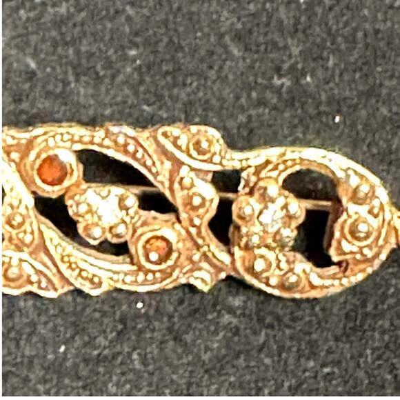 Vintage Gold Tone W. Ember Color Stones Ornate Pin Brooch - Picture 3 of 4